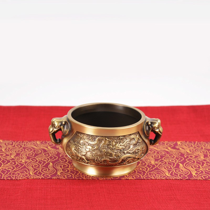 宏达 全黄铜象鼻炉 狮头八宝炉室内供奉熏香炉铜器礼品摆件