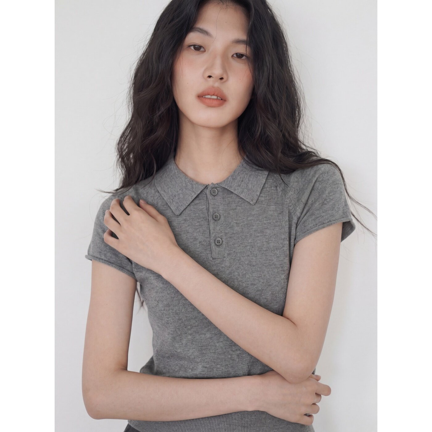 法式复古灰色polo领短袖针织t恤女夏季薄款休闲气质显瘦冰丝上衣