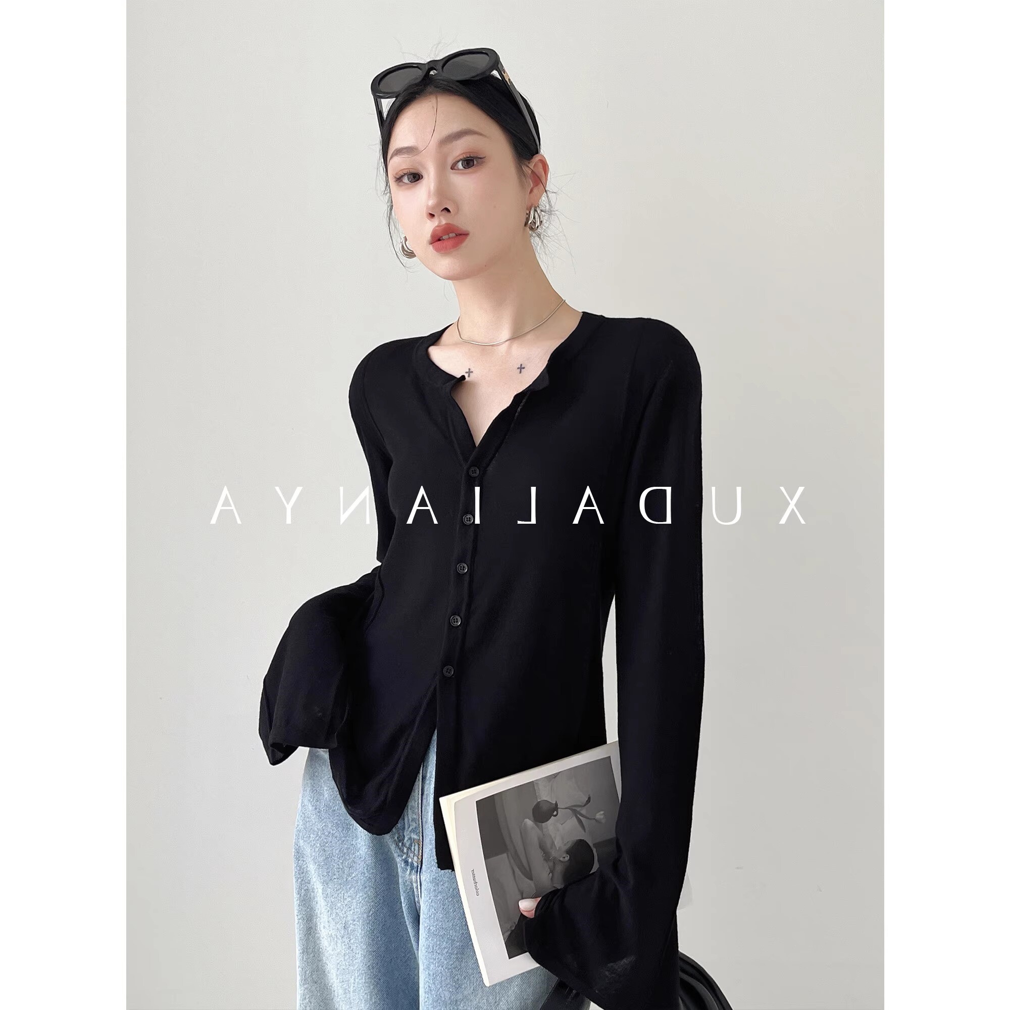 黑色天丝喇叭袖针织防晒开衫女夏季冰丝薄款披肩外搭空调罩衫上衣