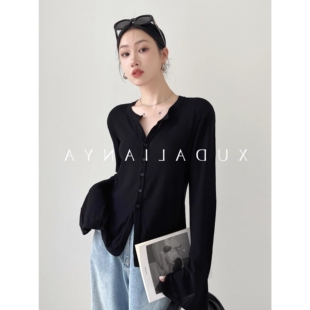 黑色天丝喇叭袖针织防晒开衫女夏季冰丝薄款披肩外搭空调罩衫上衣