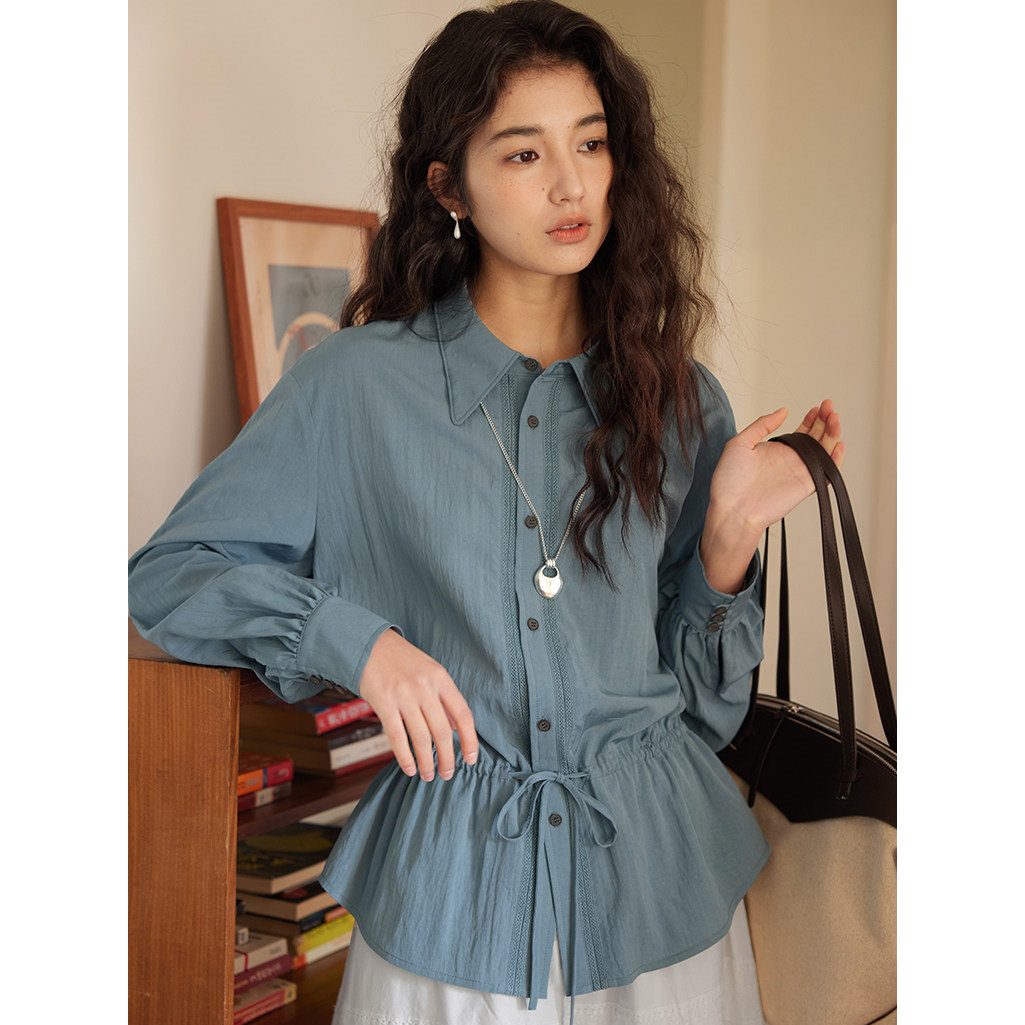 法式复古抽绳收腰polo领衬衫女春夏季别致设计感长袖衬衣气质上衣