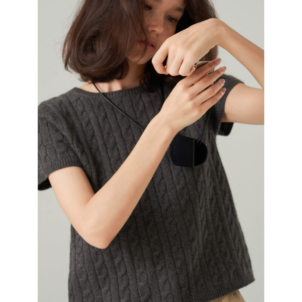 法式复古灰色麻花短袖针织衫女春夏高智感软糯正肩圆领t恤短上衣