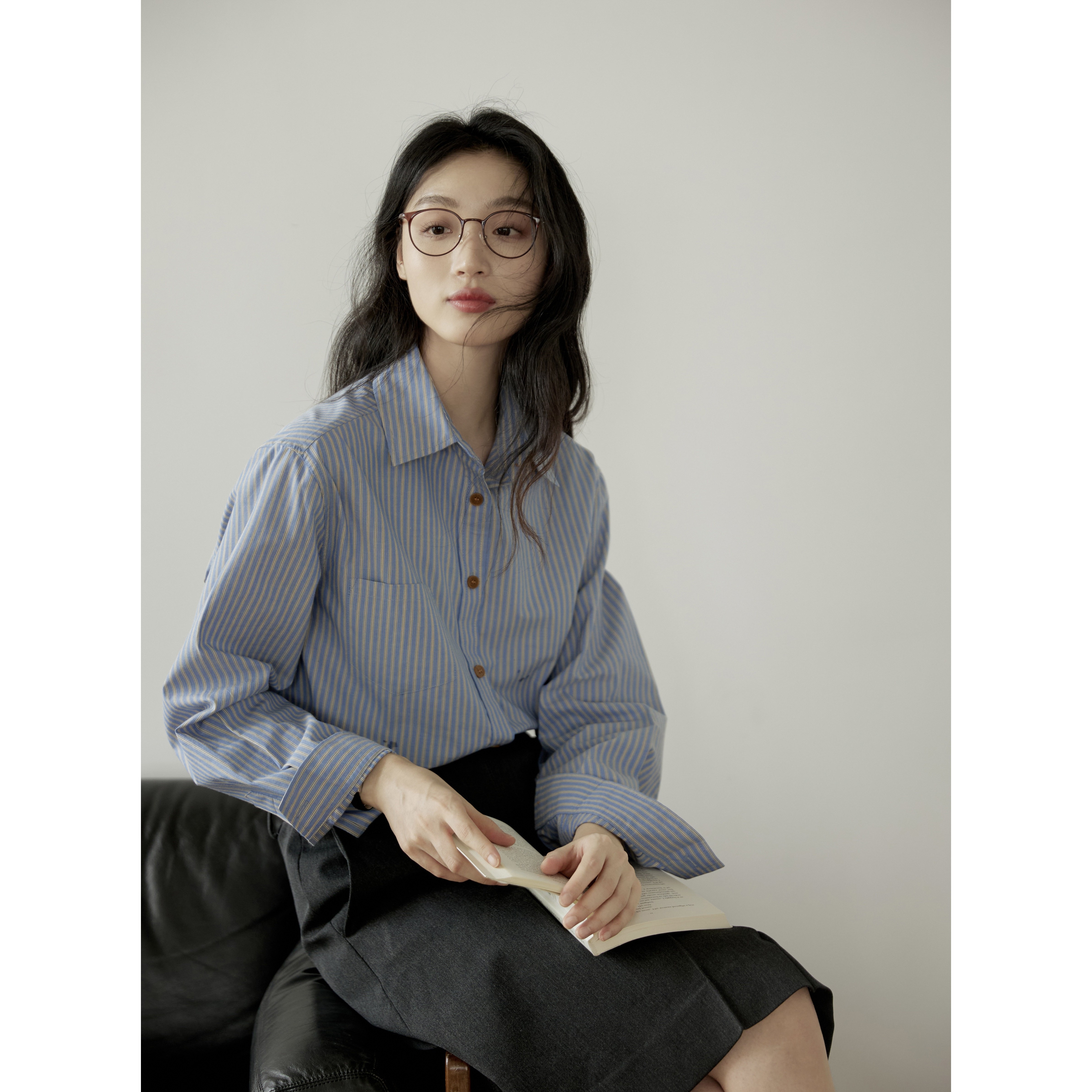 法式蓝色竖条纹polo领长袖衬衫女夏季高级感通勤叠穿衬衣气质上衣