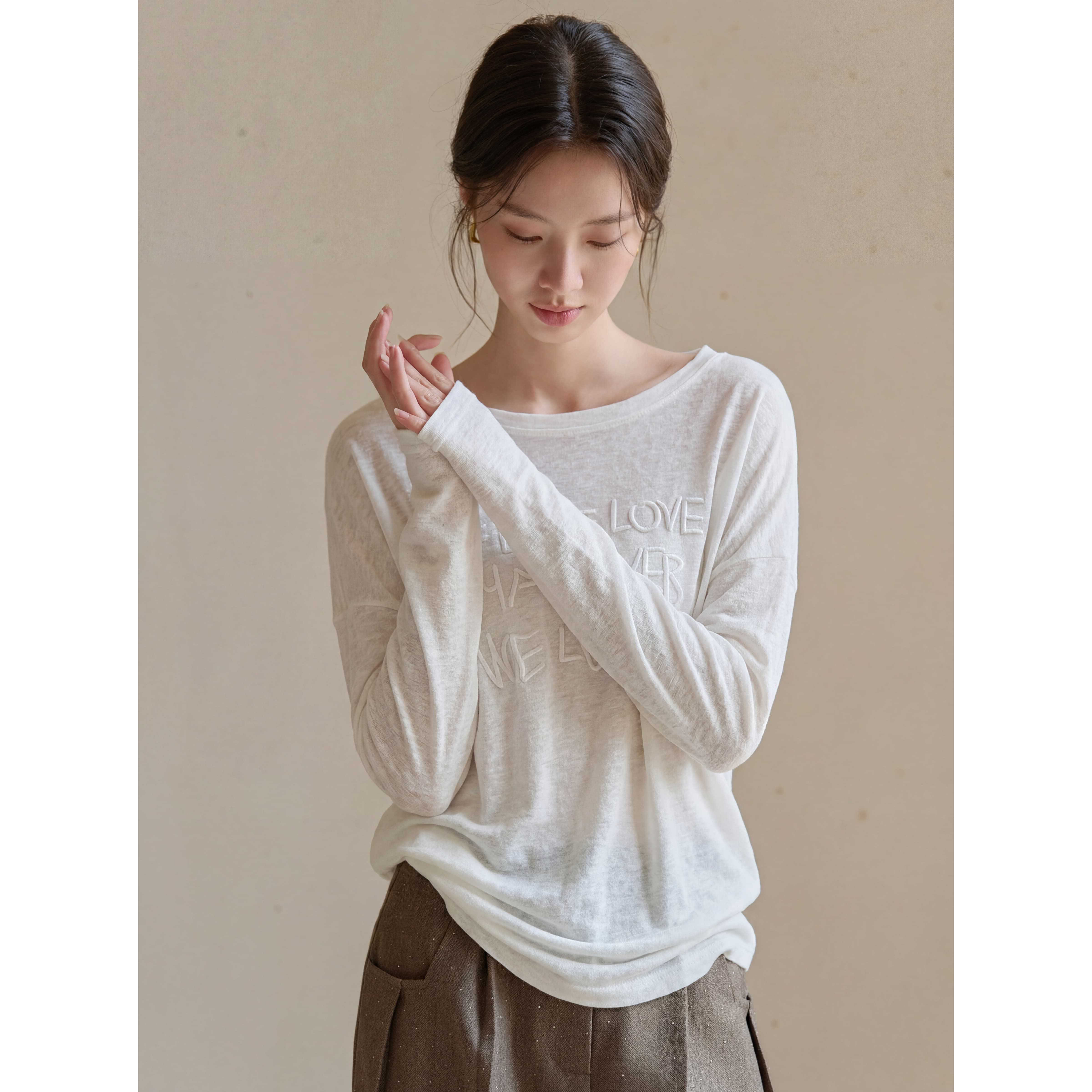 法式简约白色字母印花长袖t恤女夏季薄款宽松慵懒风防晒罩衫上衣