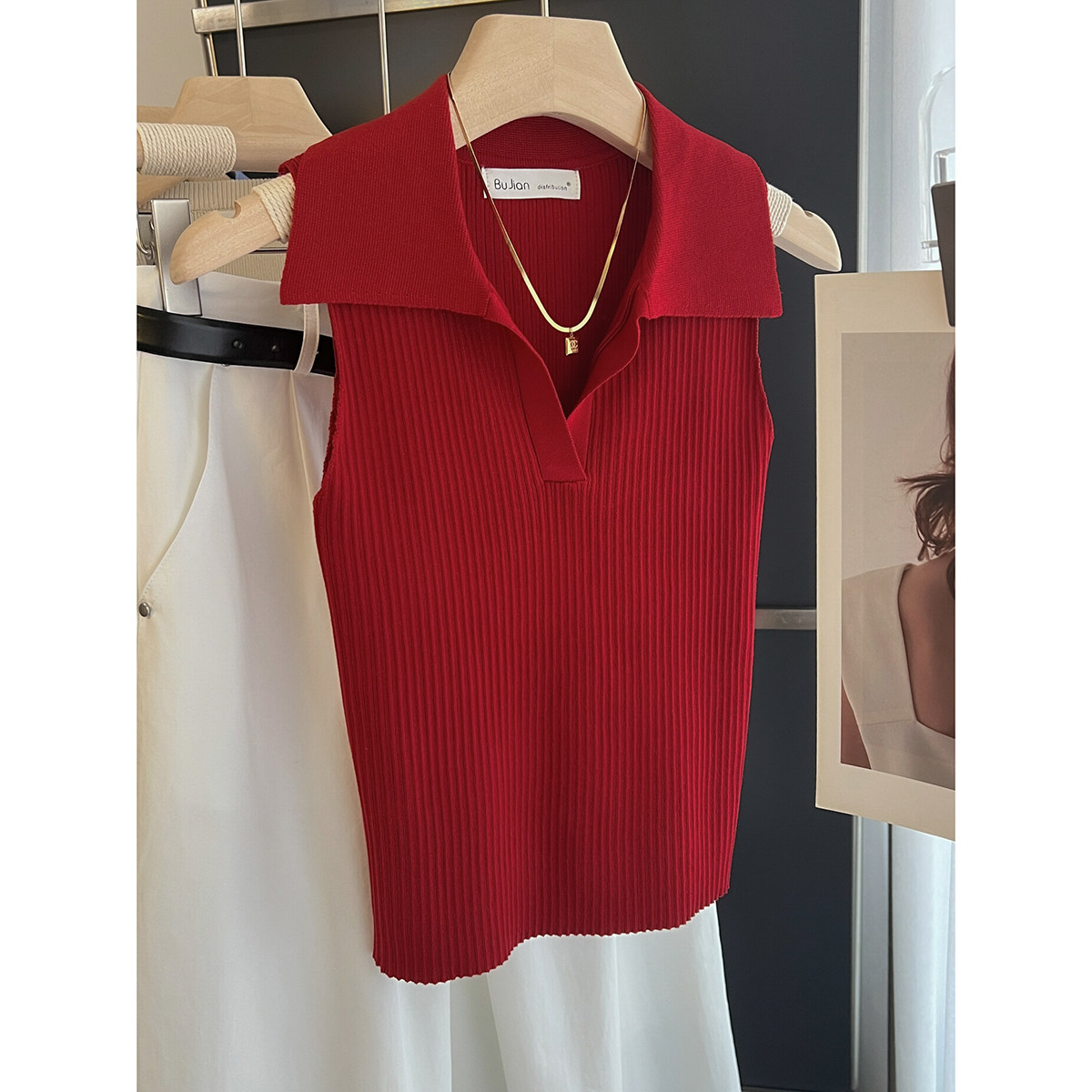 复古红色V领挖肩无袖挂脖针织背心女夏季外穿辣妹性感坎肩t恤上衣