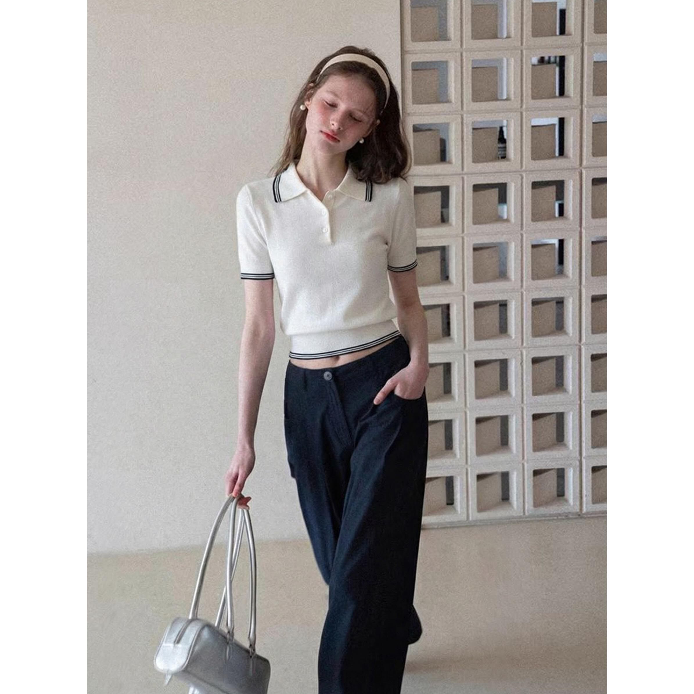 法式气质白色polo领短袖针织t恤女夏季学院风显瘦小个子短款上衣