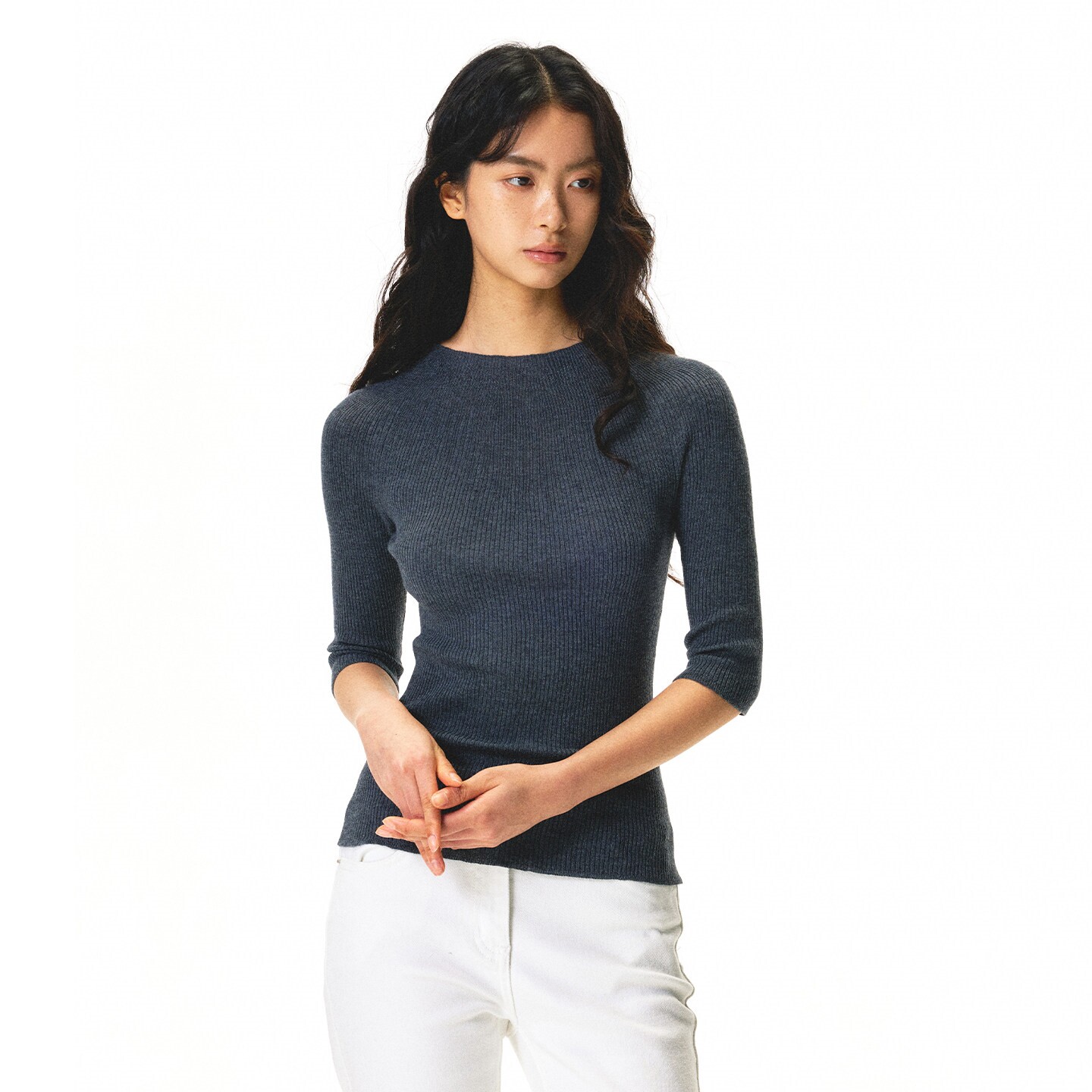 美式复古灰色半袖圆领针织衫女夏季修身高级感显瘦短袖打底上衣薄