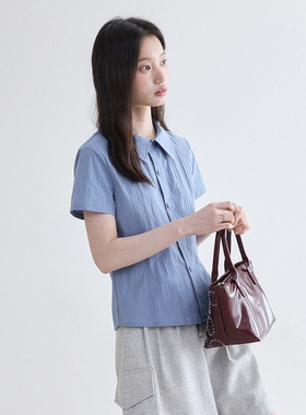 法式蓝色学院风polo领短袖收腰衬衫女夏季设计感修身通勤衬衣上衣