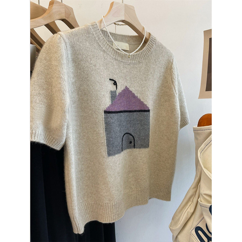 慵懒风仿浣熊绒套头短袖毛衣女春秋设计感小众宽松正肩t恤针织衫