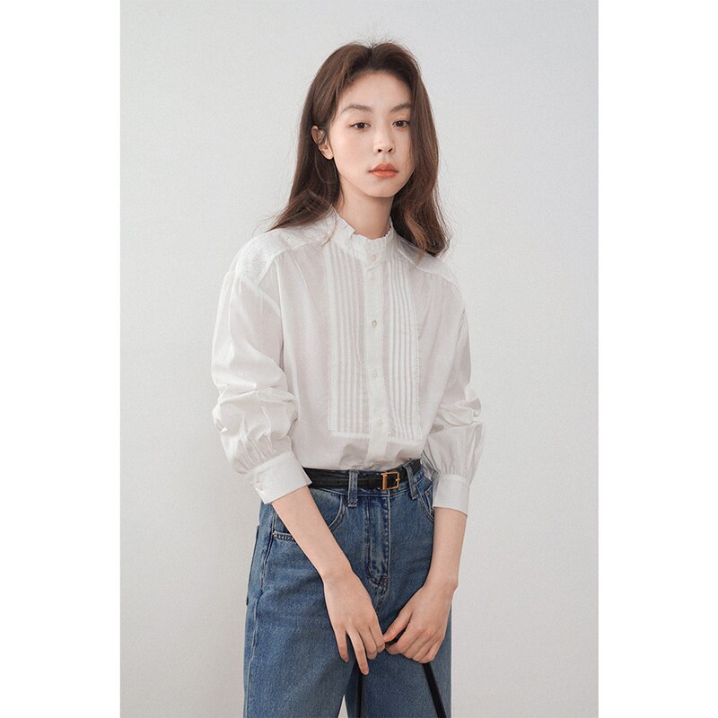 法式设计感风琴褶白色花边领衬衫女春夏温柔显瘦叠穿长袖内搭上衣