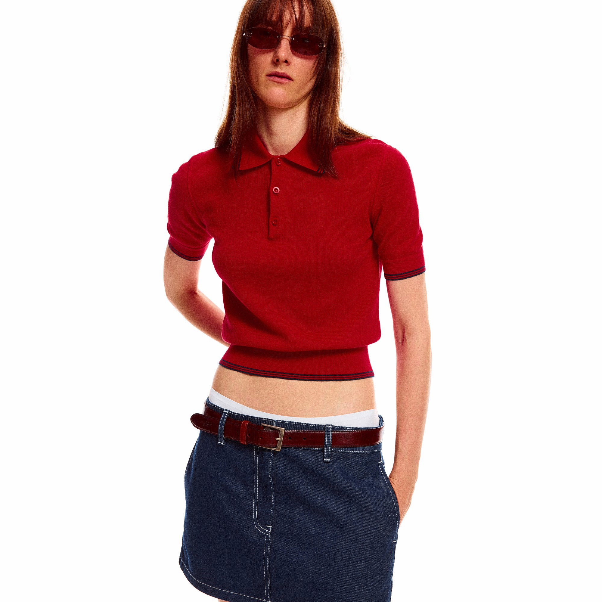 法式复古红色撞边短袖针织t恤女夏季修身气质设计感正肩短款上衣