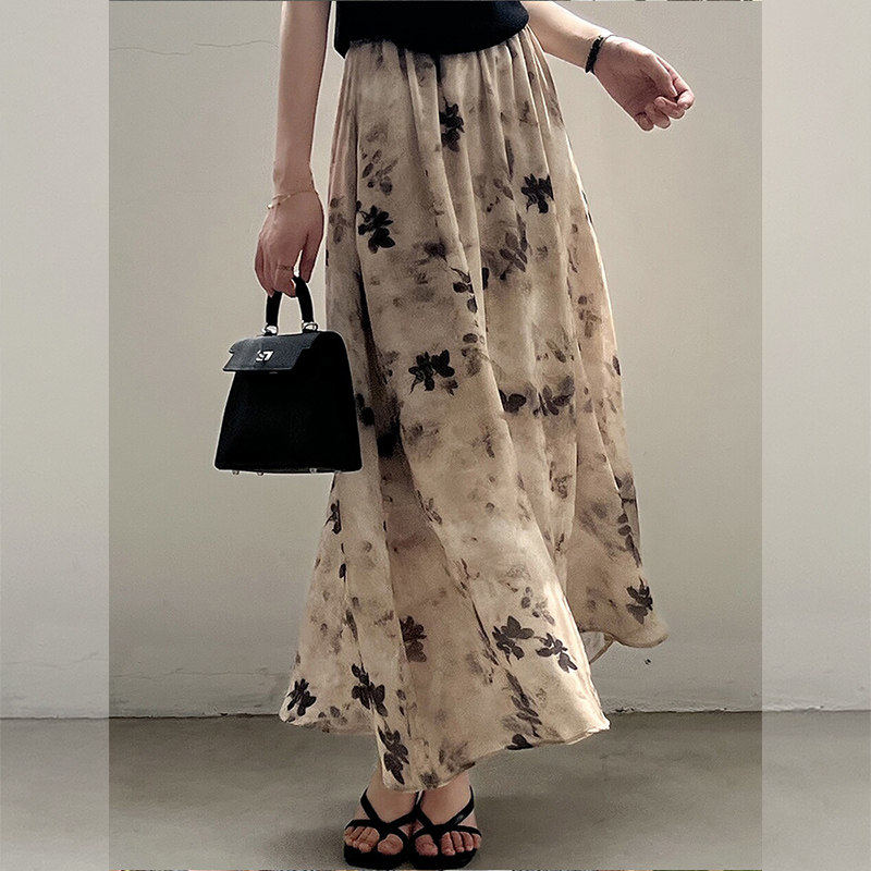 新中式国风水墨印花半身裙女夏季小个子高腰a字裙雪纺碎花长裙子
