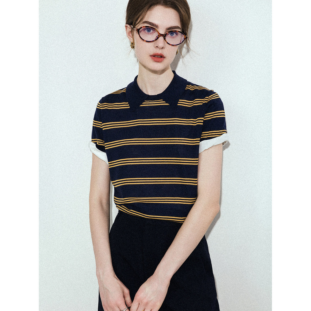 法式复古撞色条纹polo领短袖t恤女夏季学院风修身正肩针织衫上衣