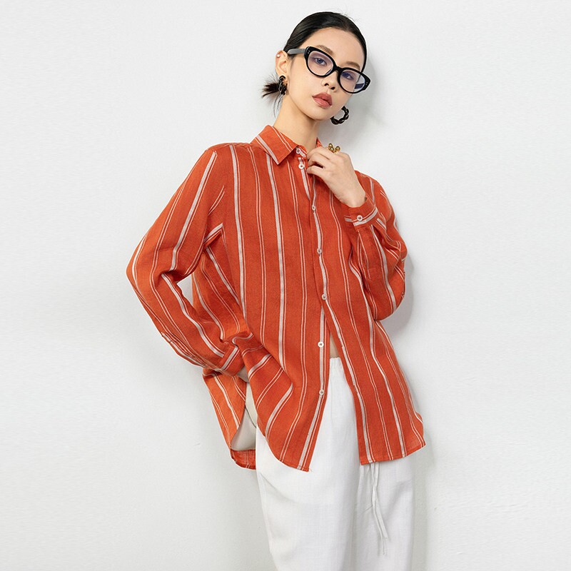 法式撞色条纹亚麻防晒衬衫女春夏外穿老钱风宽松慵懒衬衣外套上衣