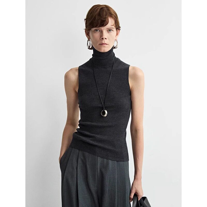 法式复古高领无袖针织背心女春秋高级感修身叠穿内搭打底挖肩上衣