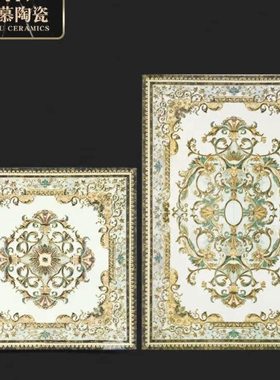 定制绿色玉石藤蔓镀金地面拼花瓷砖豪宅别墅入户玄关客餐厅奢华拼