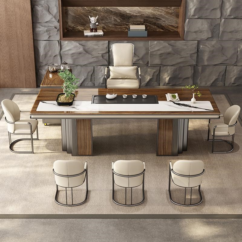 新中式岩板茶桌现代简约高级感家用办公大K板茶台桌椅组合一桌五