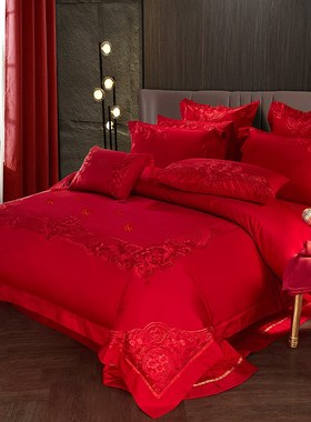 140s支全棉婚庆四件套大红色喜被子结婚六十件套刺绣婚房床上用品