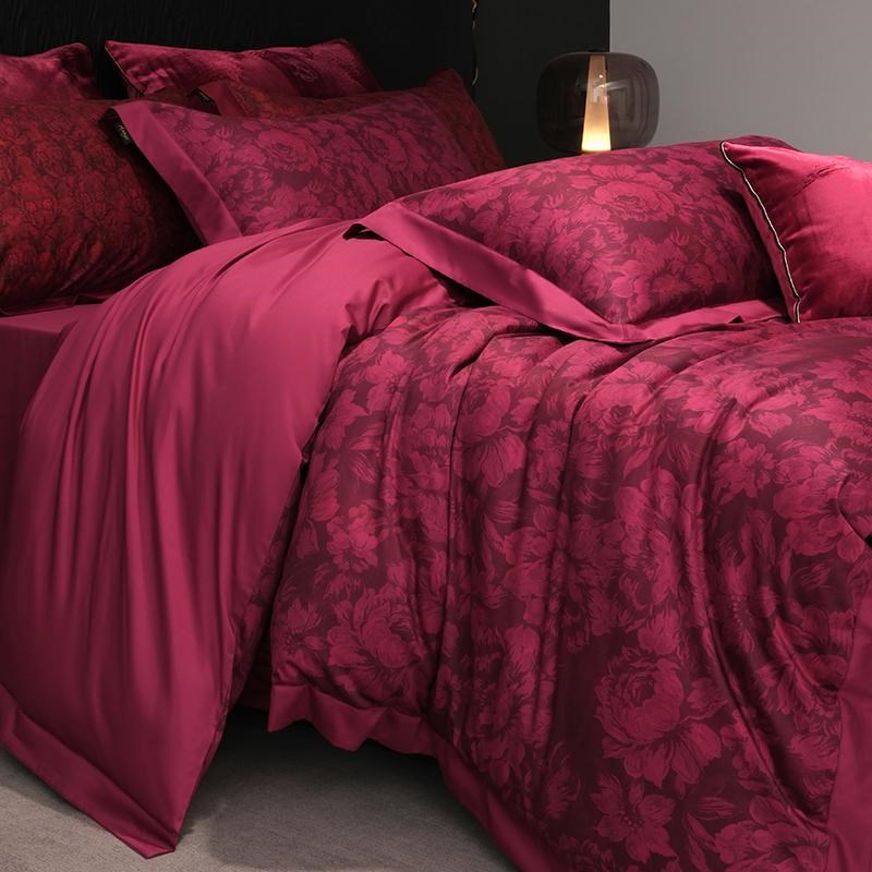 奢华100S印花复古高端全棉长绒棉四件套酒红色被套结婚庆床单床品