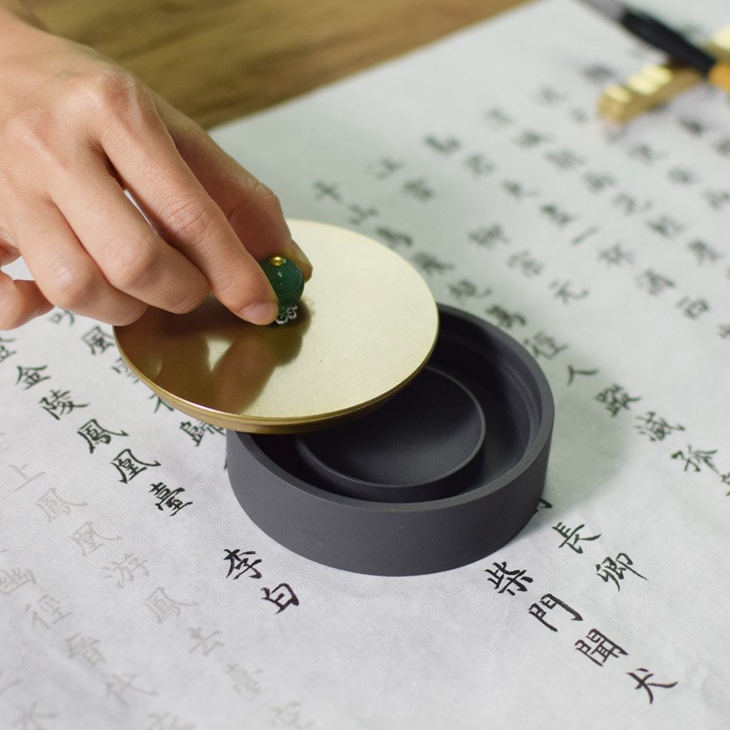 铜盖歙砚台舔笔台砚文房四宝学生书法砚台墨池毛笔墨碟墨盘笔舔