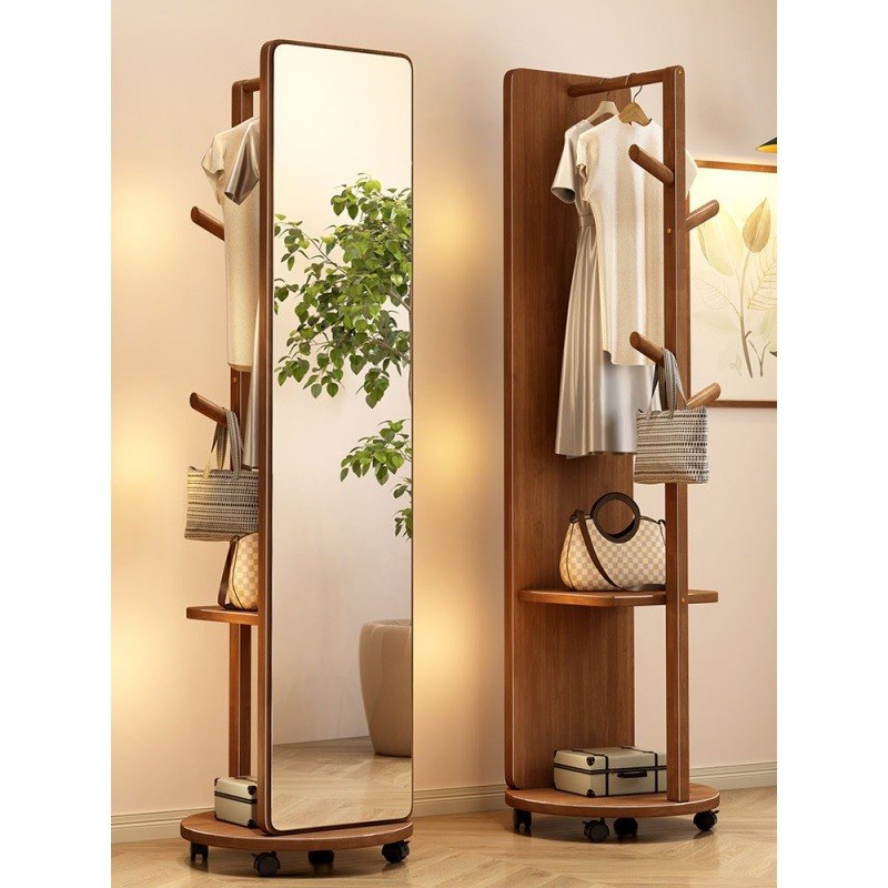 实木穿衣镜全身镜家用可旋转挂衣架落地镜收纳架一体卧室试衣镜子
