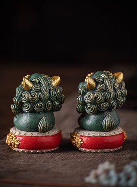 创意青砂石彩金小神龙可养招财摆件醒狮一对精品家居办公桌面装饰