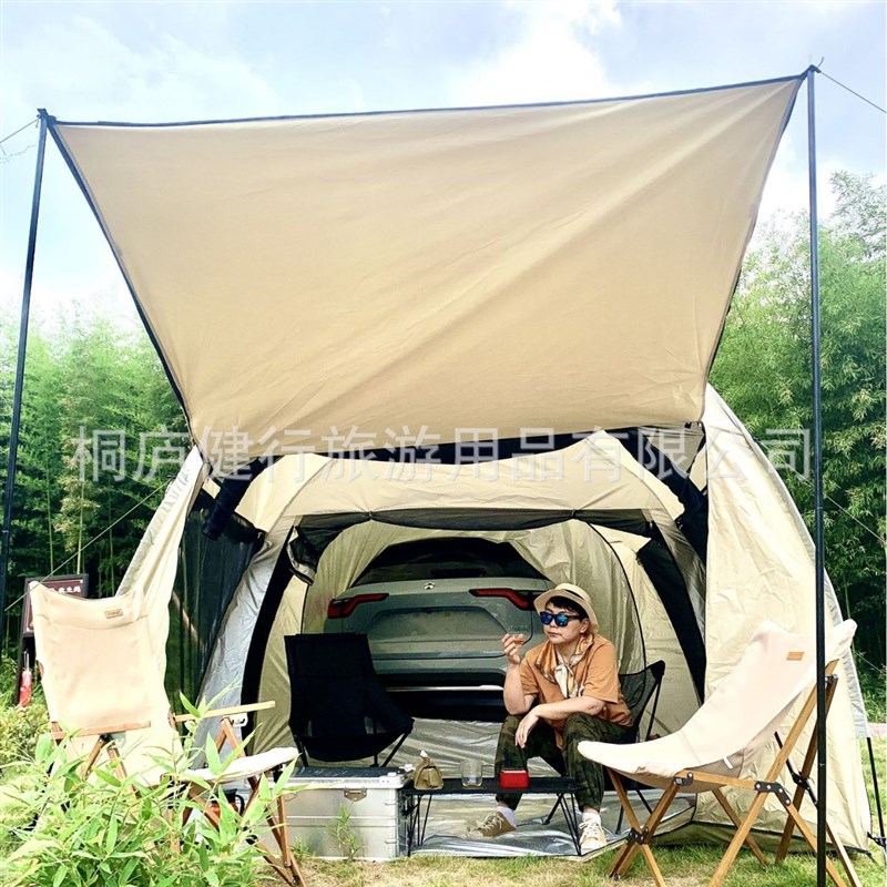 网红博主升级两室车尾一体帐篷,五面带网纱延伸天幕前厅车尾帐篷