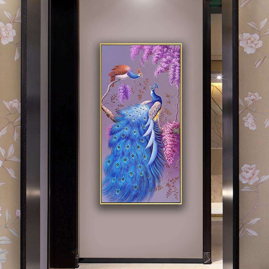新中式手绘孔雀油画玄关装饰画客厅挂画美式过道竖版高端入户壁画