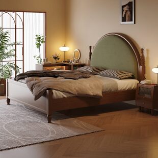 新中式实木床主卧室一米八双人大床1.5m中古风黑胡桃木色软包床铺