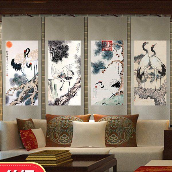 国画松龄鹤寿 工笔白鹤丹顶鹤松树红日丝绸画古典卷轴画挂画