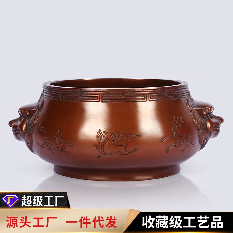 铜欣祥紫铜兽耳动物图饰炉家用室内仿古熏香炉办公室摆件