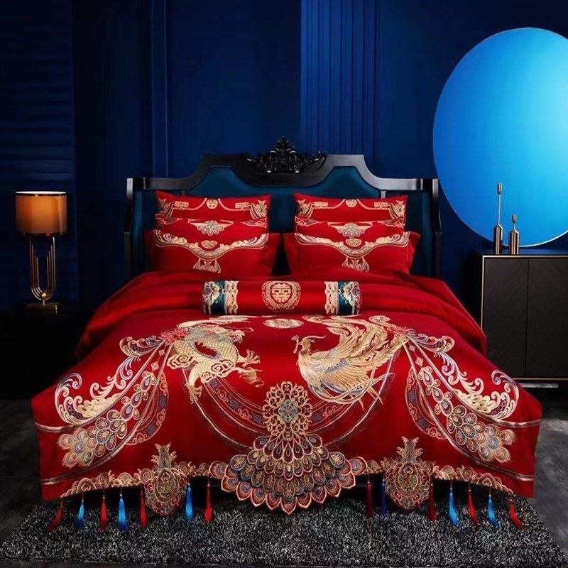 160S支长绒棉婚n庆刺绣v中式四件套大红色绣花被子结婚四六十件套