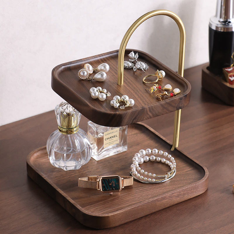 新中式托a盘入户玄关置物双层桌面摆件胡桃实木复古黄铜钥匙收纳