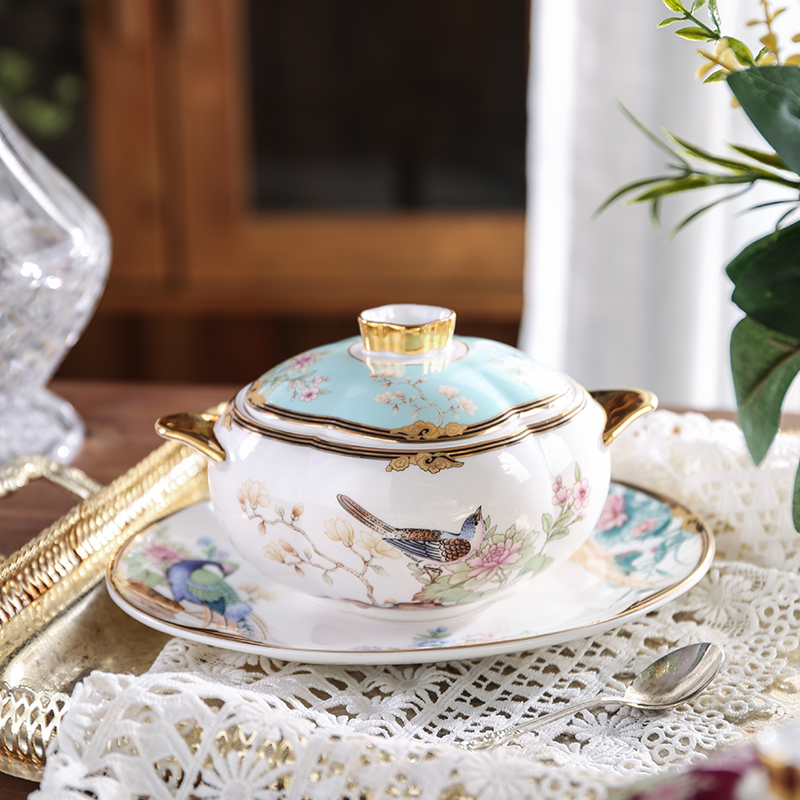 中式家用陶瓷炖盅带盖燕窝碗酒店C隔水甜品盅描金骨瓷蒸煮位上汤