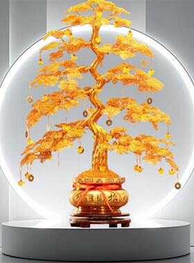 纯手工编织金丝线发财树摆件招财摇钱树开业乔迁新居礼品客厅装饰