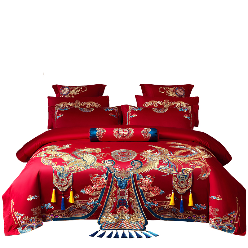 高级感120支长绒棉纯棉新婚庆刺绣大红色四件套全棉结婚床上用品4