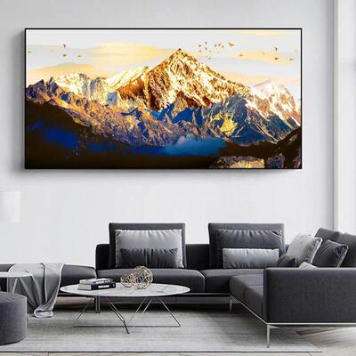 现代轻奢单幅抽象金色山太阳 喷绘画 背景墙装饰画油画彩色壁画