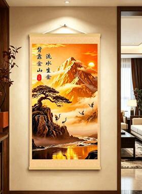 【背靠金山】 金色暗纹新中式客厅玄关书房茶室挂画办公室挂画筒