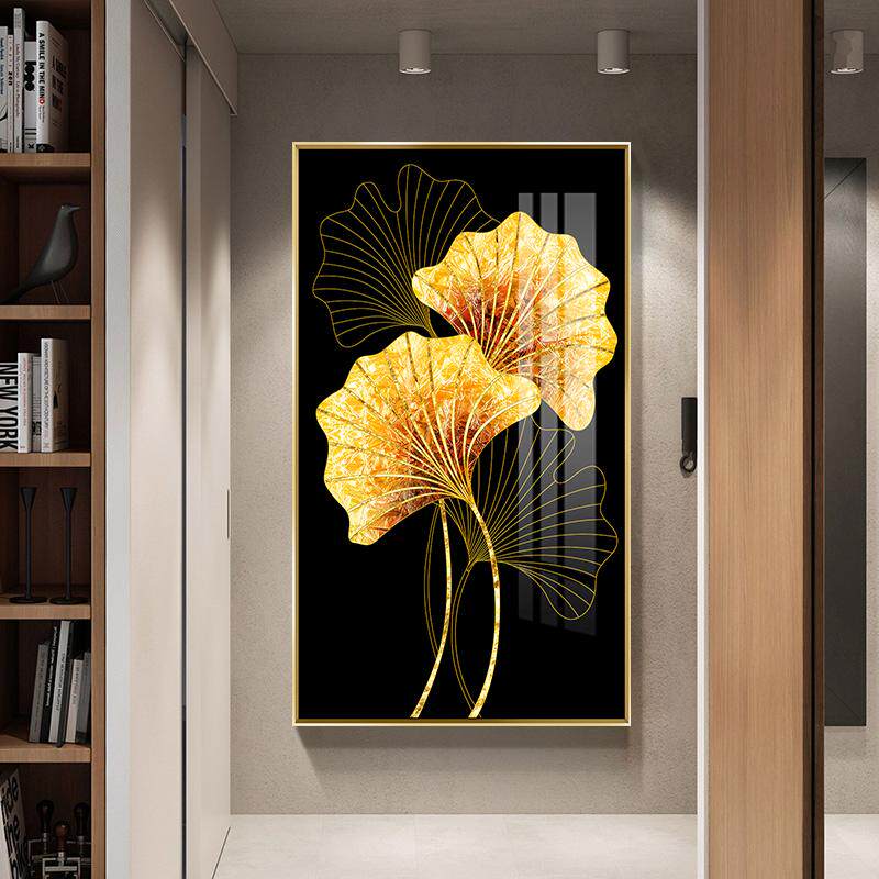 现代简约银杏叶玄关装饰画进门入户走廊北欧挂画客厅过道竖版壁画