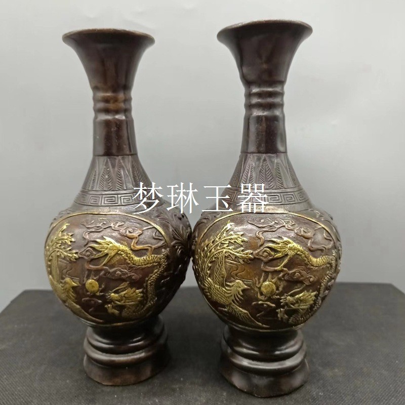 仿古黄铜龙凤呈祥梅兰竹菊插花瓶子客厅电视柜酒柜装饰工艺品摆件