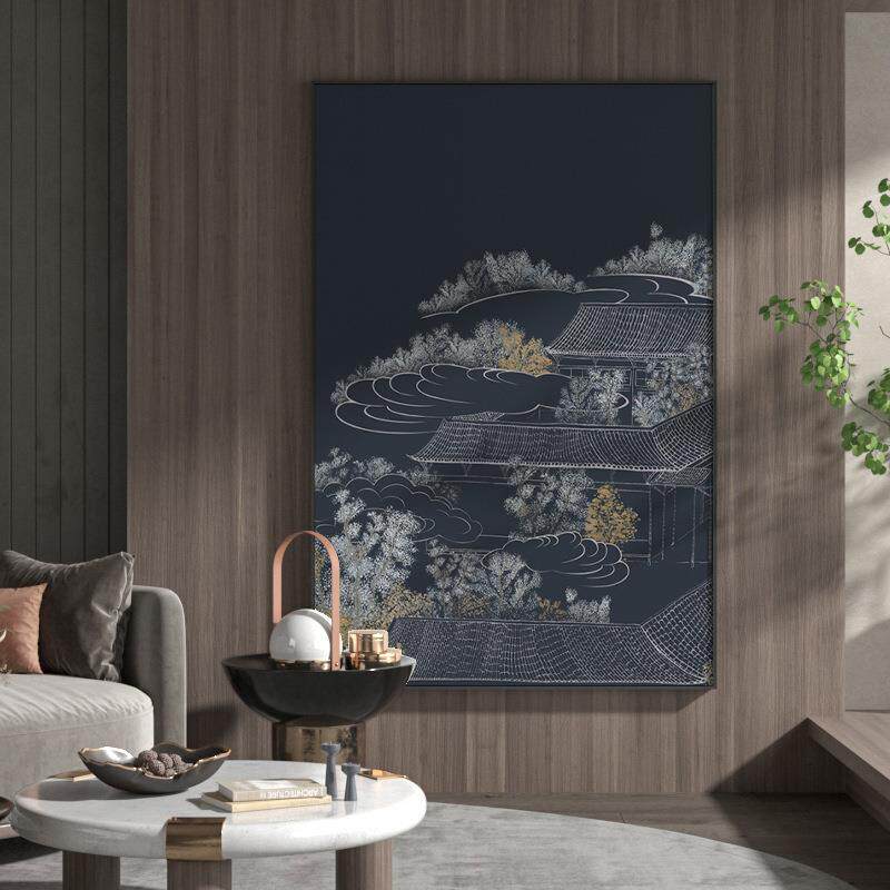 新中式灰蓝色装饰画现代轻奢客厅玄关中国风山水背景墙壁竖版挂画