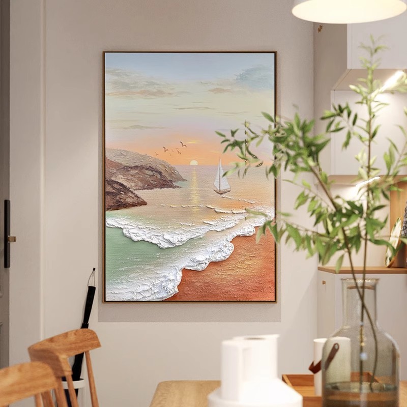 大芬村手绘油画春日海岸奶油风装饰画客厅侘寂风玄关肌理挂画