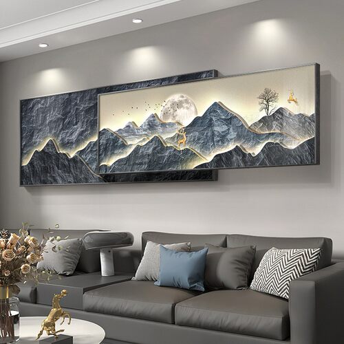 现代轻奢客厅装饰画感山水画背有靠山沙发背景墙壁画叠加挂画