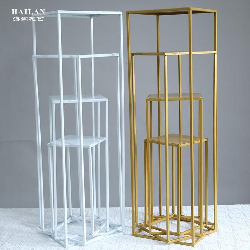 婚庆金色几何路引架子过道铁艺背景花柱方框中式花架摆件婚礼拱门