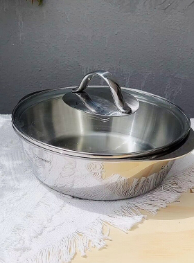 304不锈钢盆双耳火锅锅子加厚三层复合钢煎盘干锅菜盆发面盆电磁