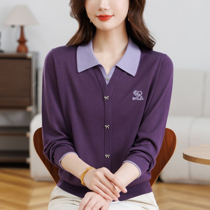 妈妈春装2026新款天丝上衣翻领打底衫中老年女装大码衣服假两件套
