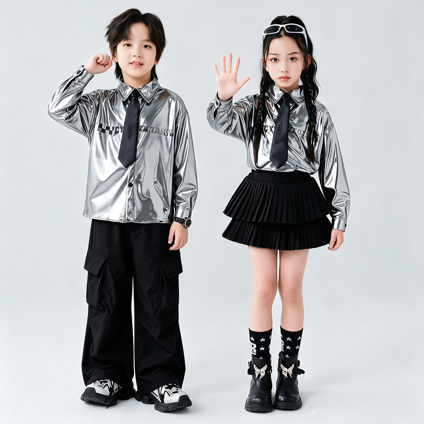 儿童银色街舞爵士舞表演服舞蹈服