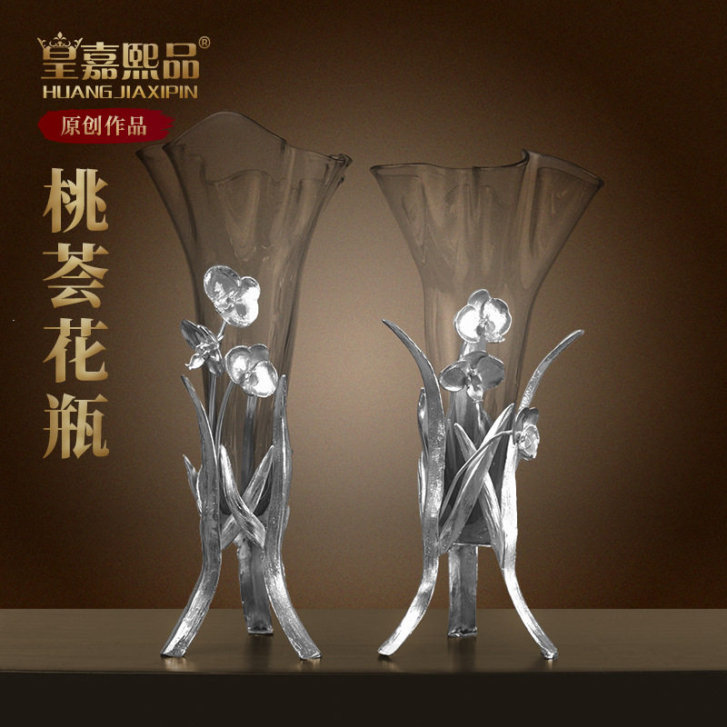 欧式奢华水晶黄铜花瓶摆件客厅装饰品轻奢高档精美工艺品玄关插花