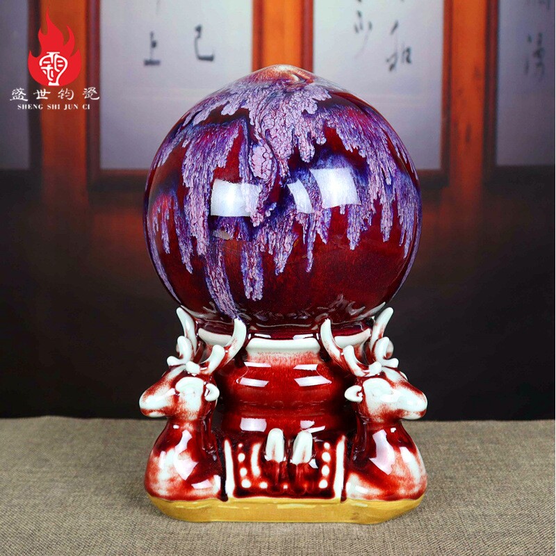 中国钧瓷花瓶中式家居卧室陶瓷器装饰高档送长辈贺寿桃摆件福禄寿