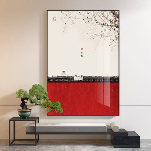 新中式玄关装饰画客厅沙发背景墙中国风挂画现代简约红色建筑壁画